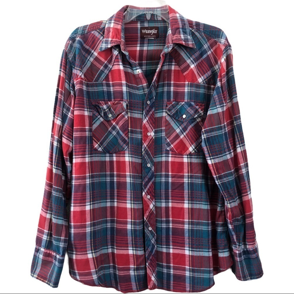 Red Blue Green Plaid Wrangler Pearl Button Shirt L